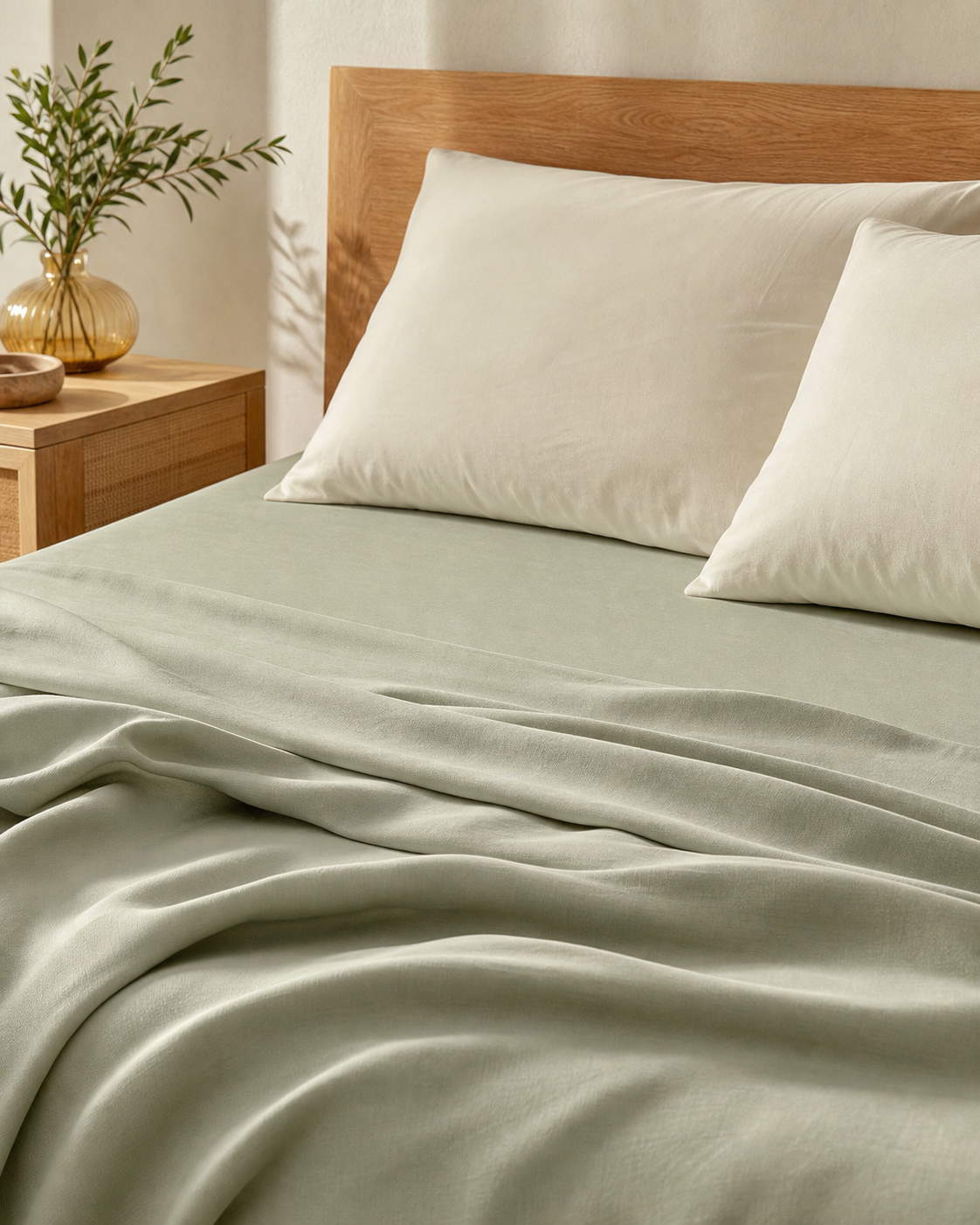 Pale sage cotton bamboo bedsheets on a modern bed