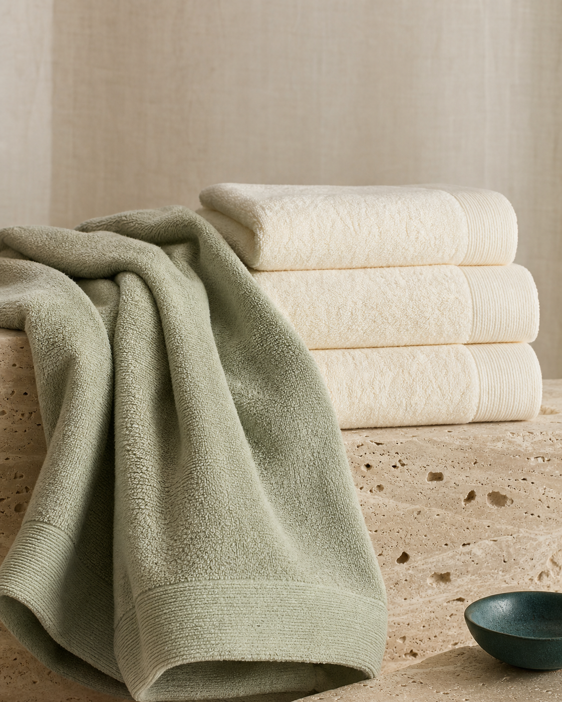 Soft sage and ivory bamboo blend terry towels