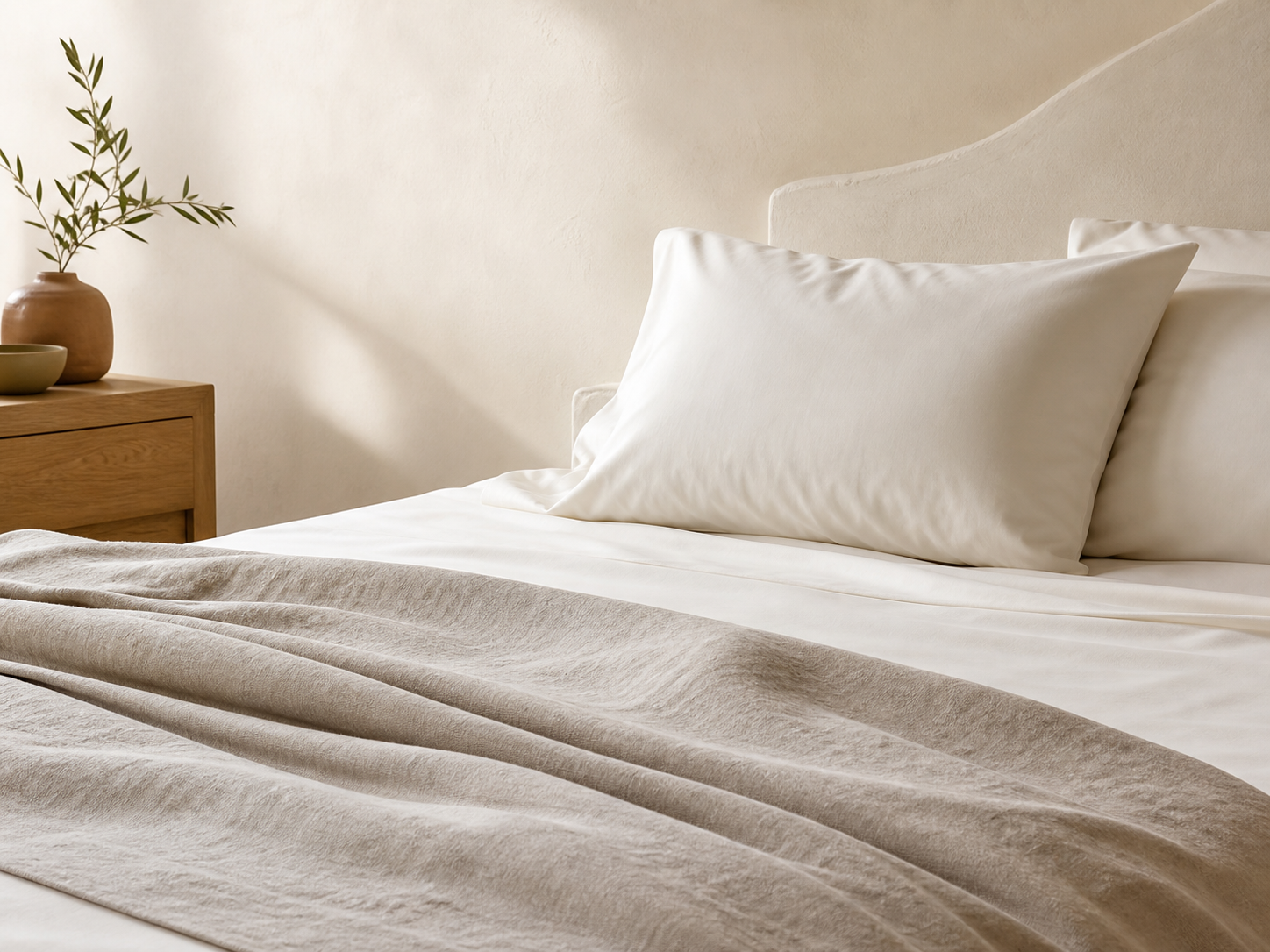 Crisp white cotton bedsheets in a refined bedroom